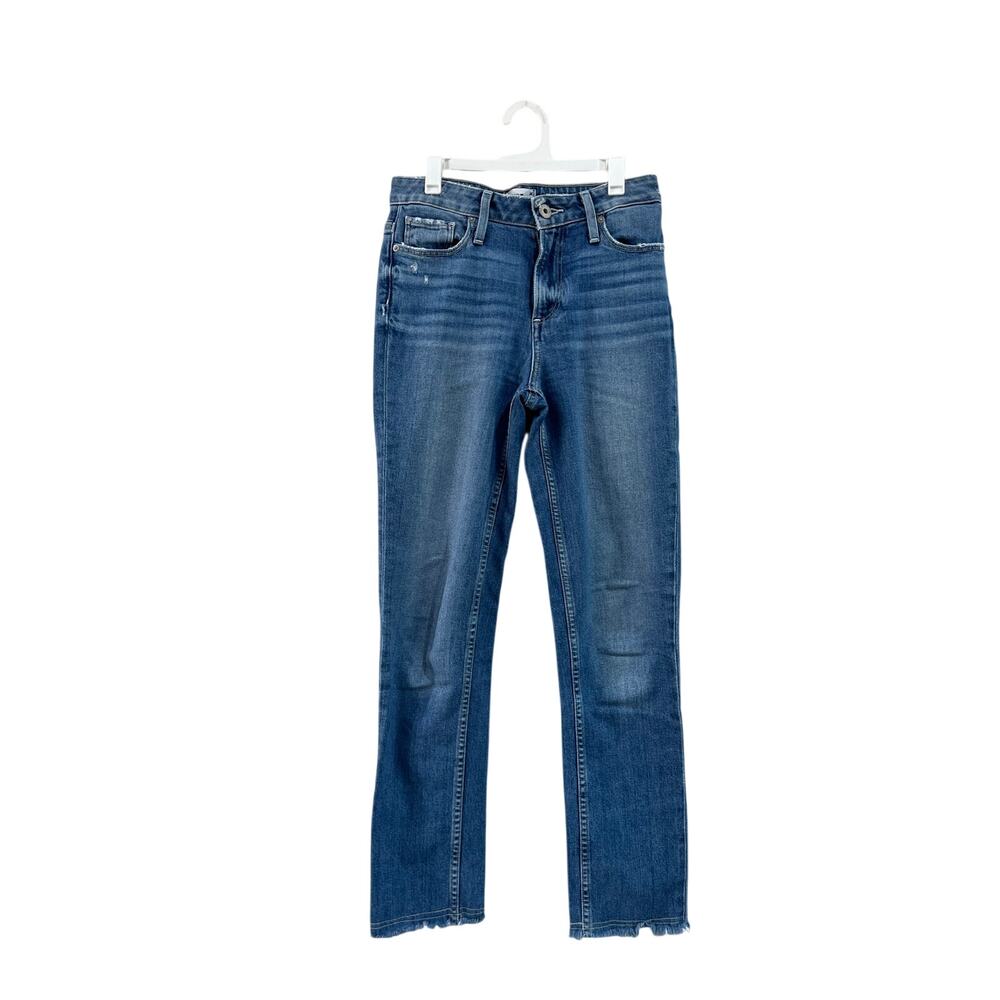 Paige Hoxton Slim Straight Jeans High Rise Blue Denim Raw Hem Size 25